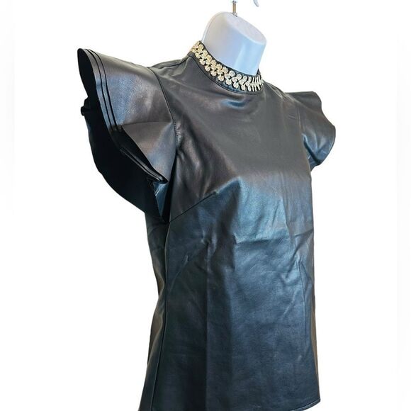 GRACIA Faux Leather Ruffled Sleeve Top In Black Studded Neckline Size Small NWT - Picture 3 of 11